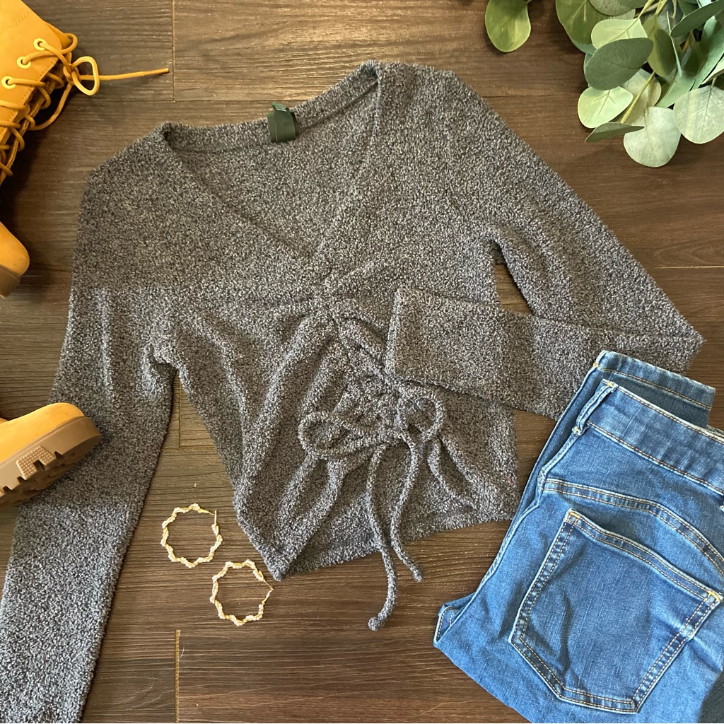 Thick Fuzzy Warm Scrunch Long Sleeve Drawstring Crop Top!!